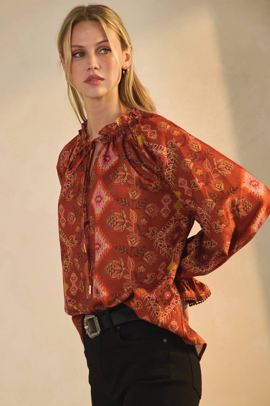 Mari Aztec Print Satin Blouse