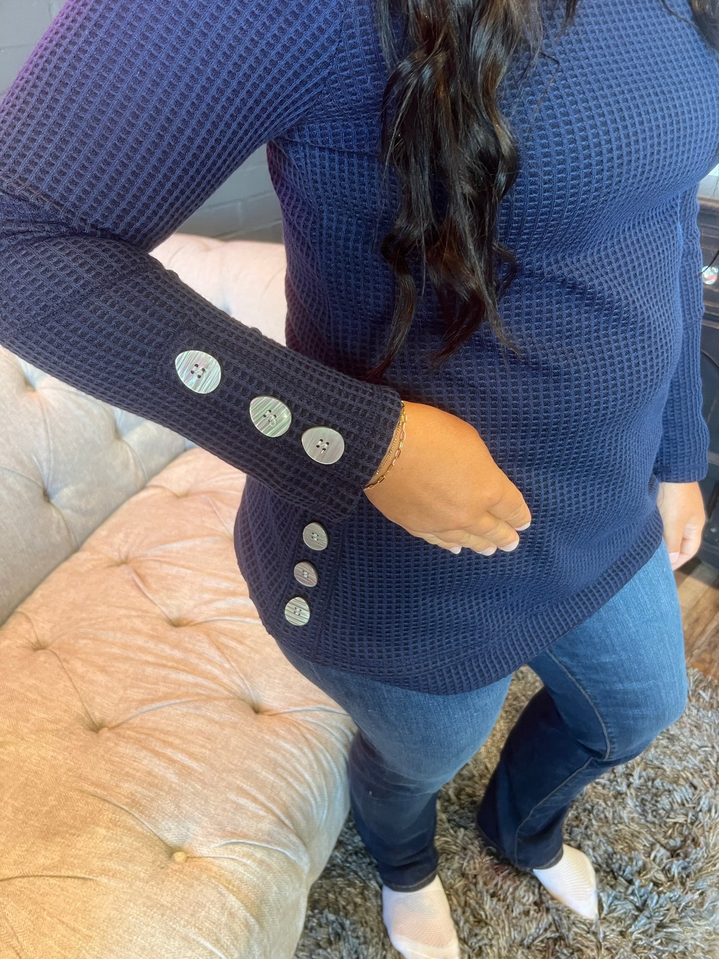 Winifred Waffle Knit Top - Navy