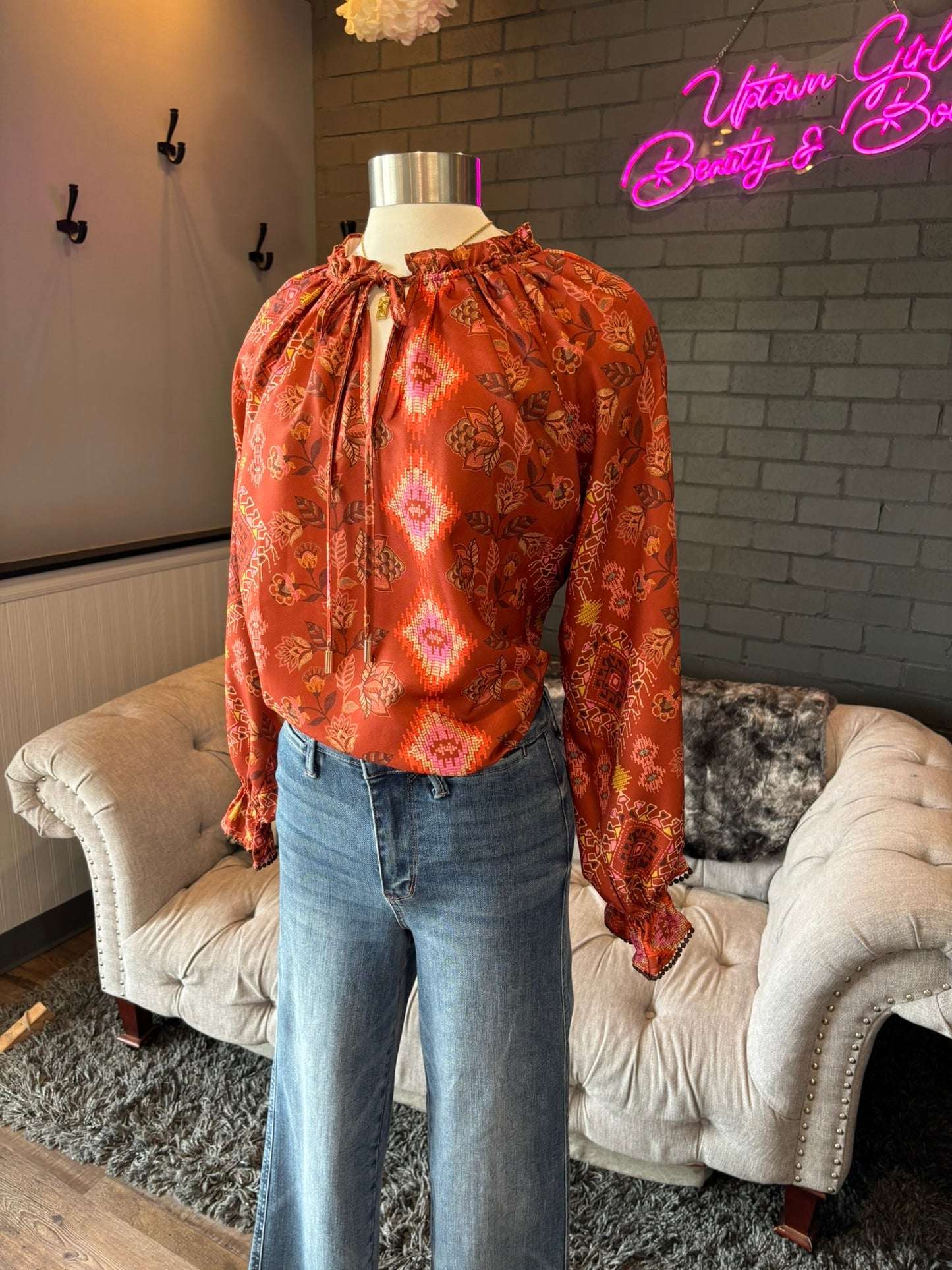 Mari Aztec Print Satin Blouse