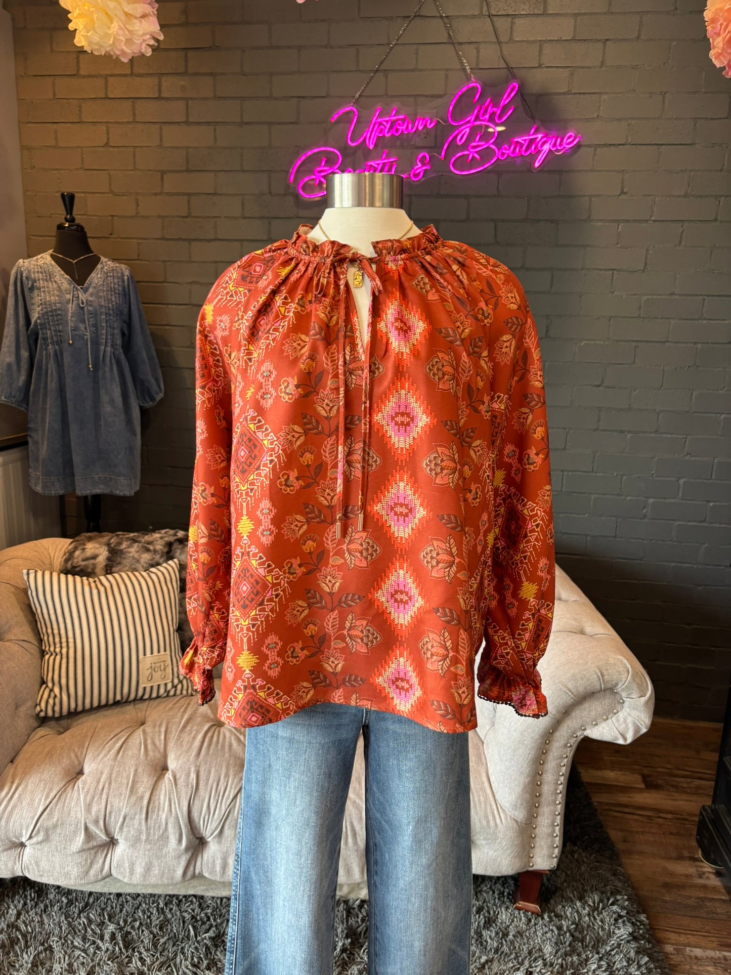 Mari Aztec Print Satin Blouse