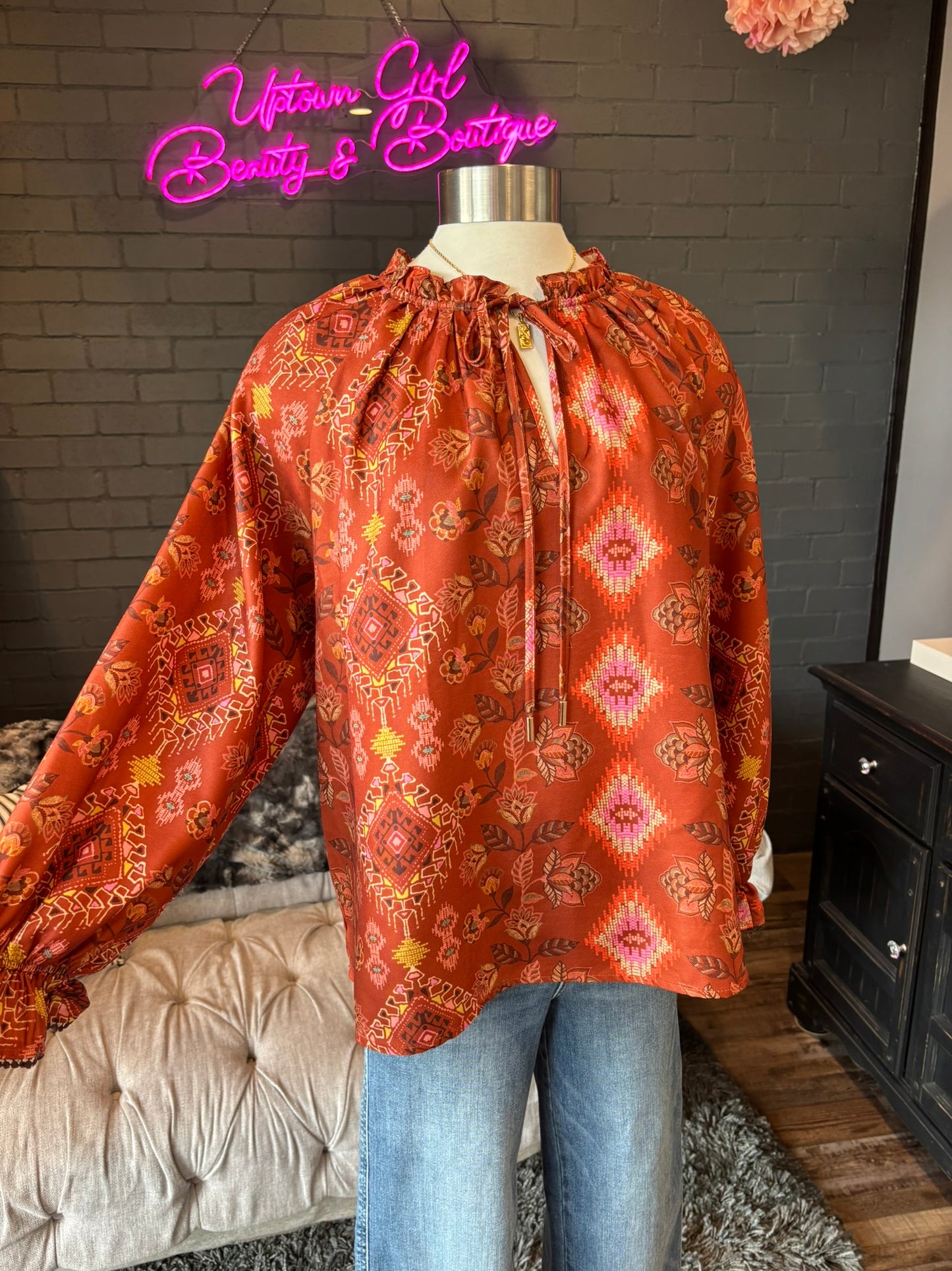 Mari Aztec Print Satin Blouse