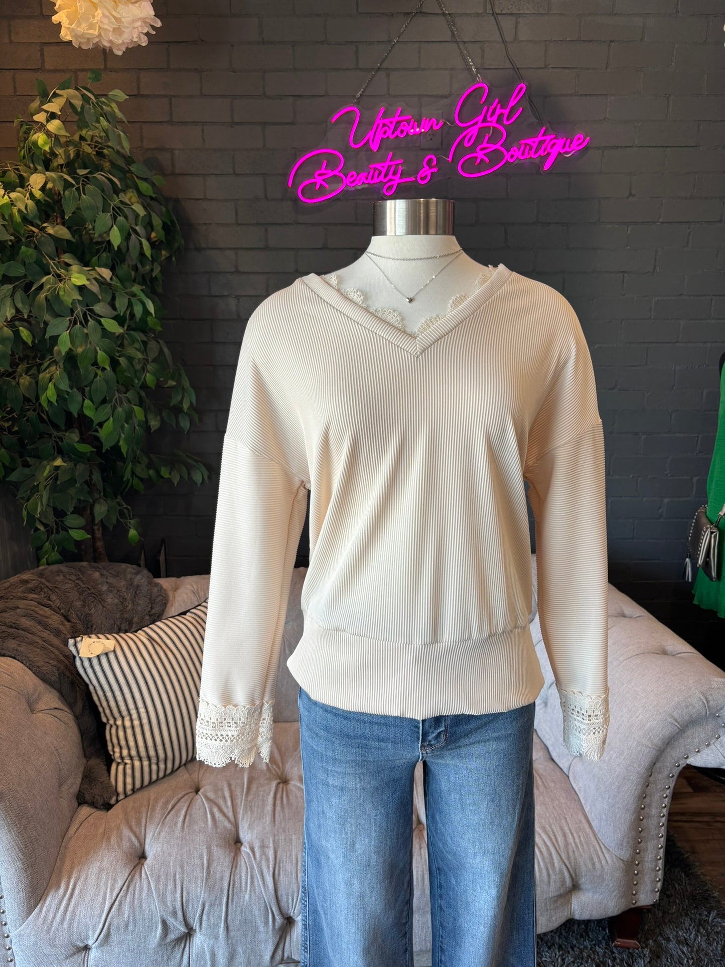 Avery Lace Trim Tee - Apricot
