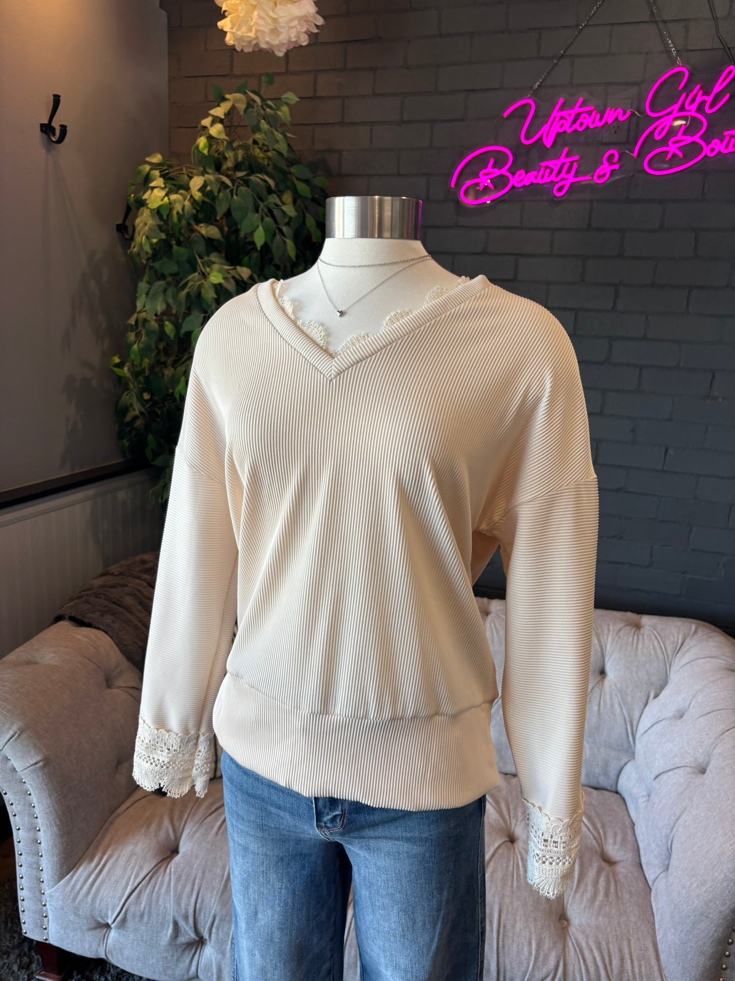 Avery Lace Trim Tee - Apricot