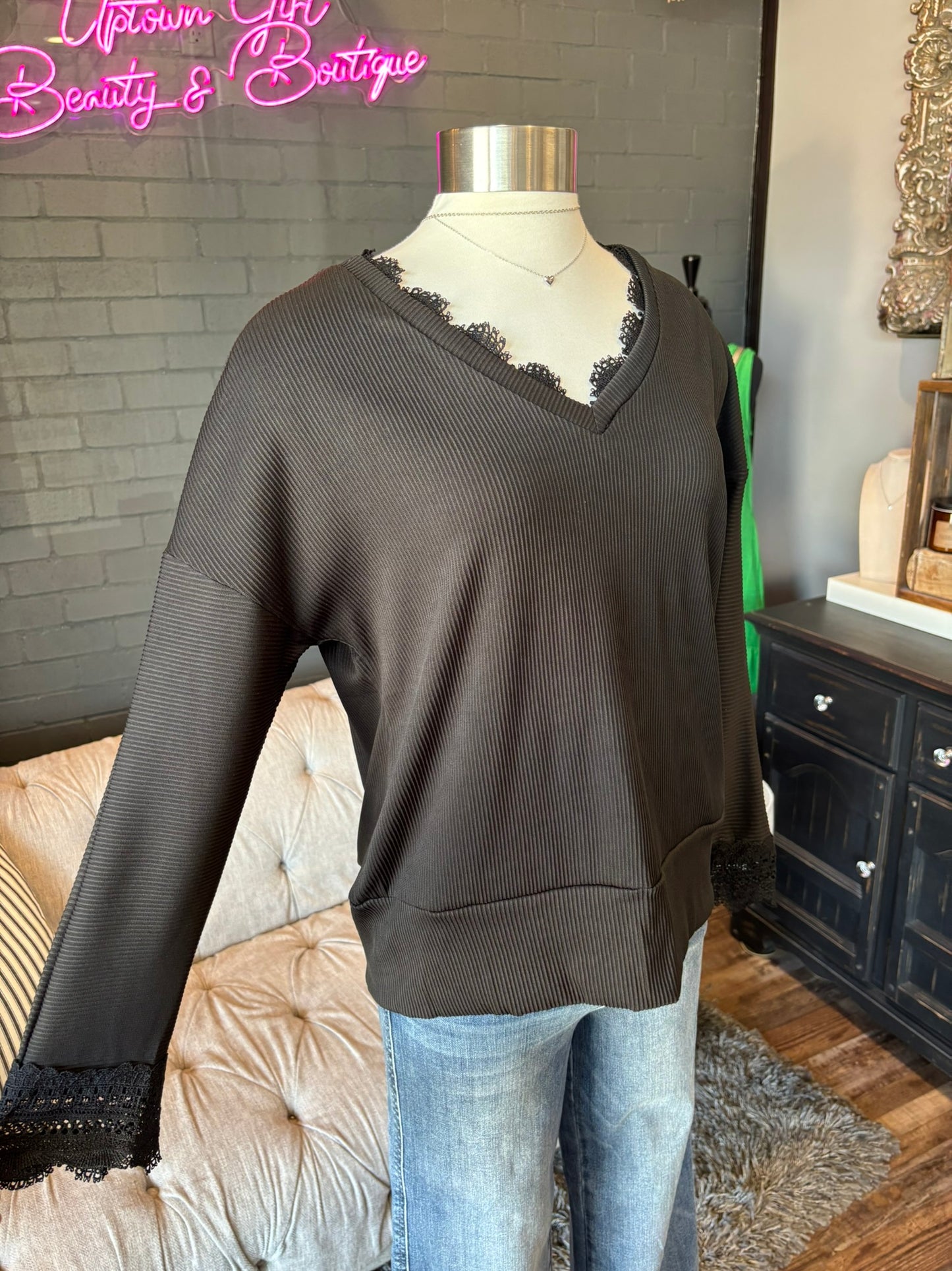 Avery Lace Trim Tee - Black