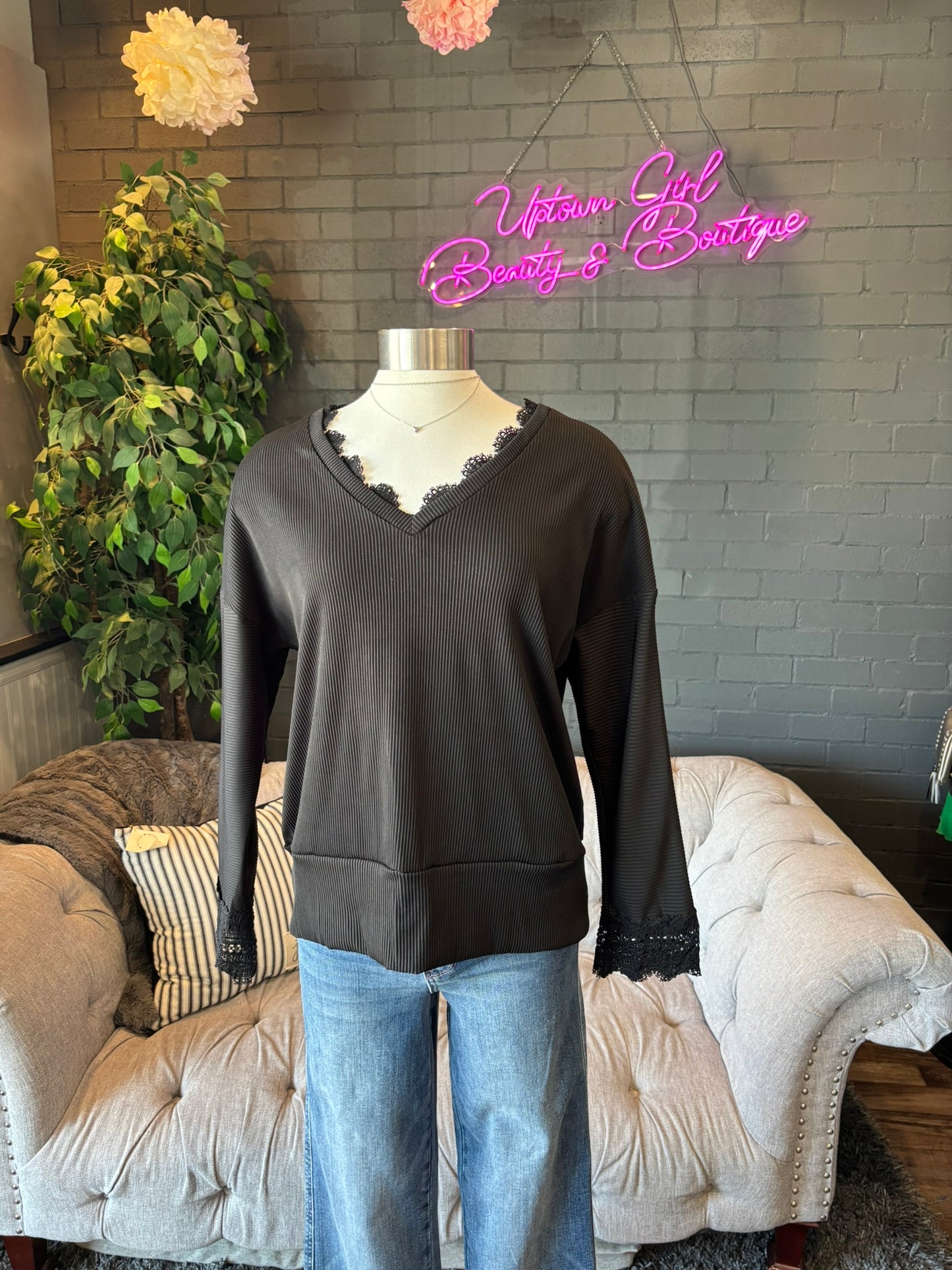 Avery Lace Trim Tee - Black