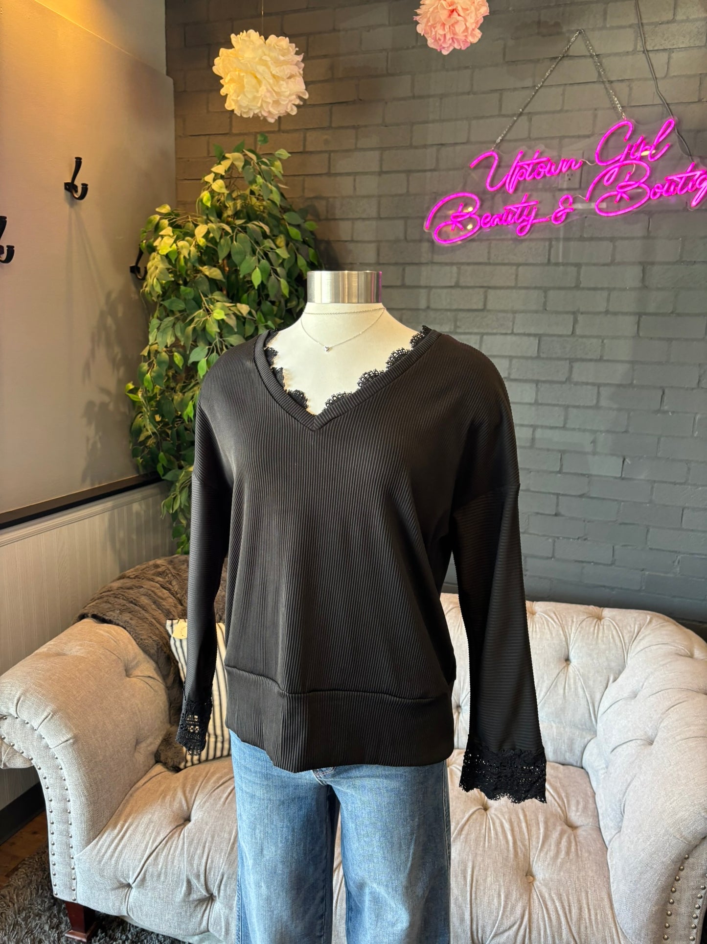 Avery Lace Trim Tee - Black
