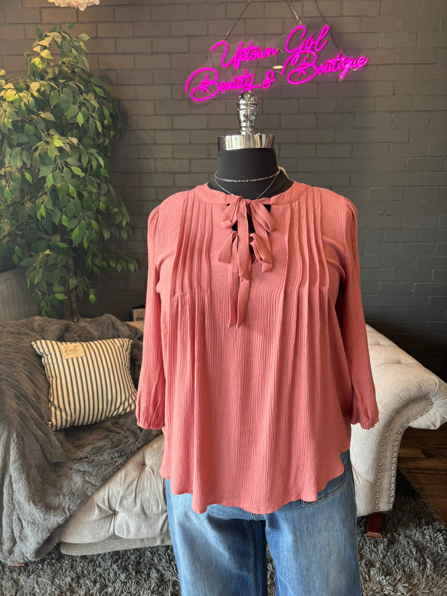 Pleated Charm Tie-Front Blouse