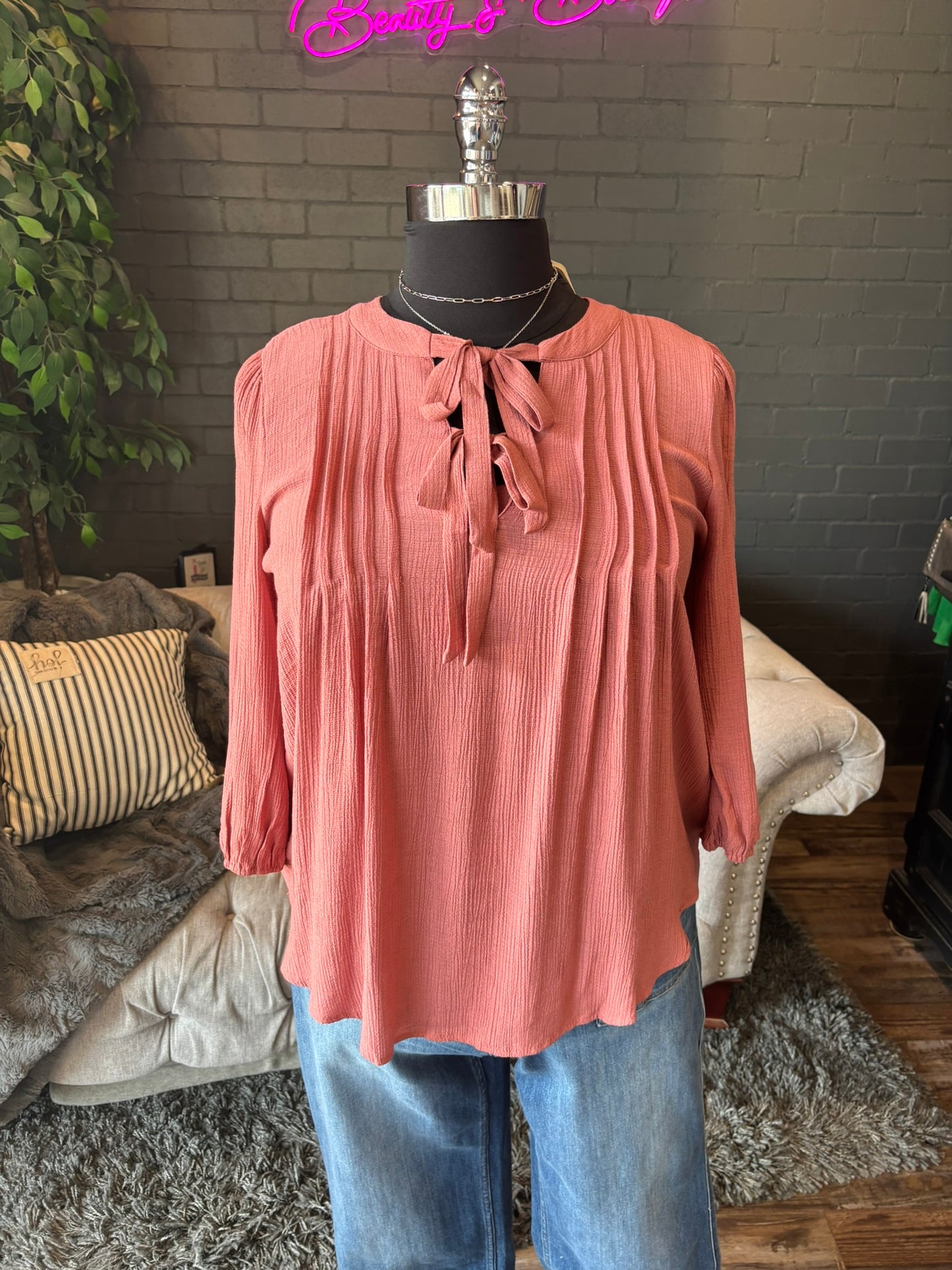 Pleated Charm Tie-Front Blouse