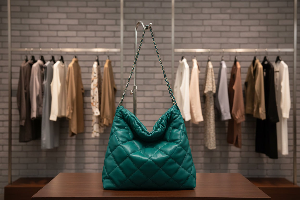 Green quilted handbag with a chain strap on a white background