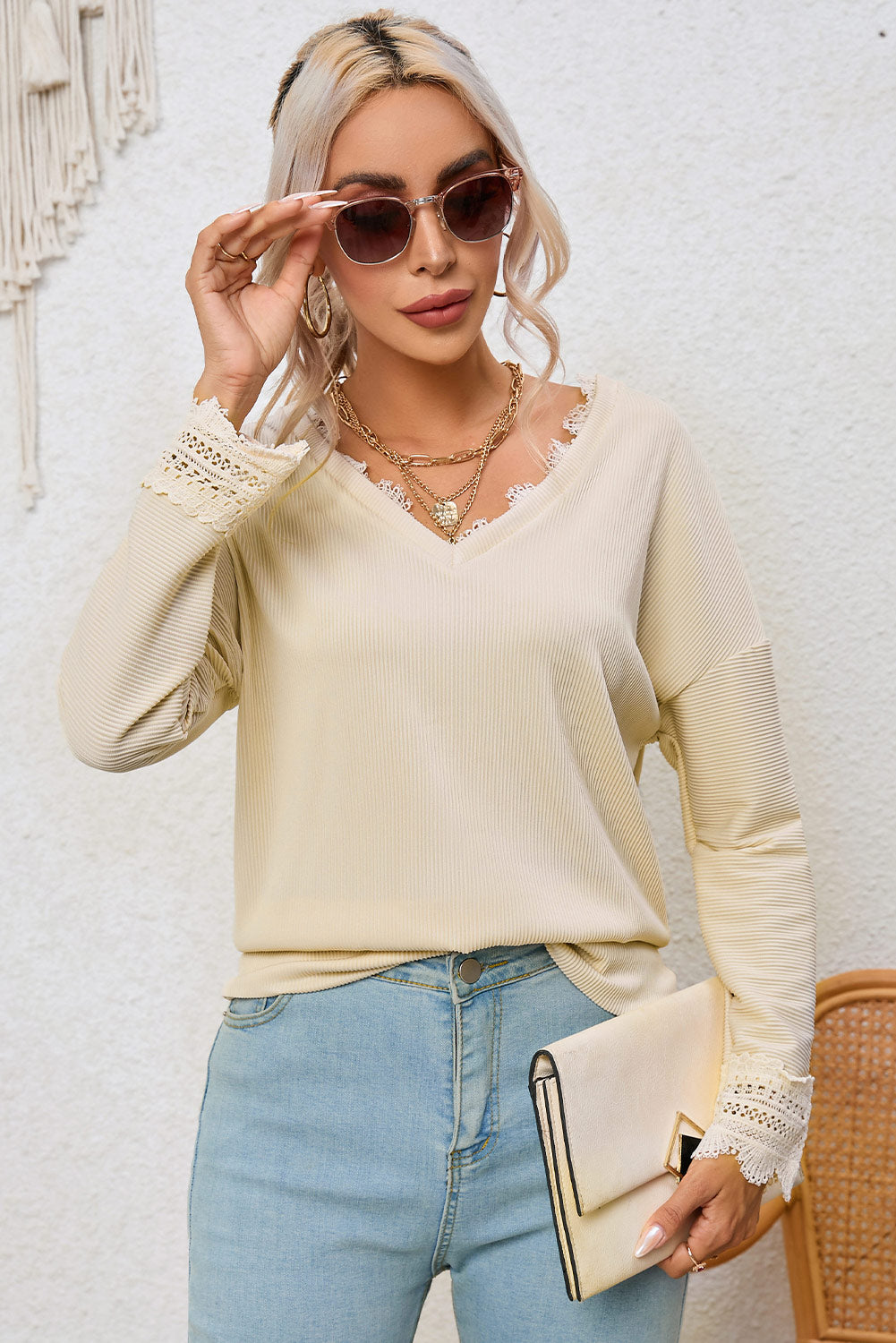 Avery Lace Trim Tee - Apricot