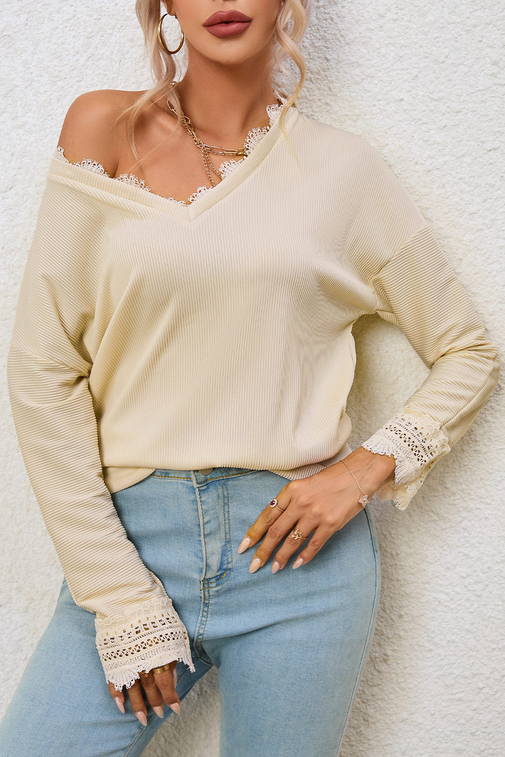 Avery Lace Trim Tee - Apricot
