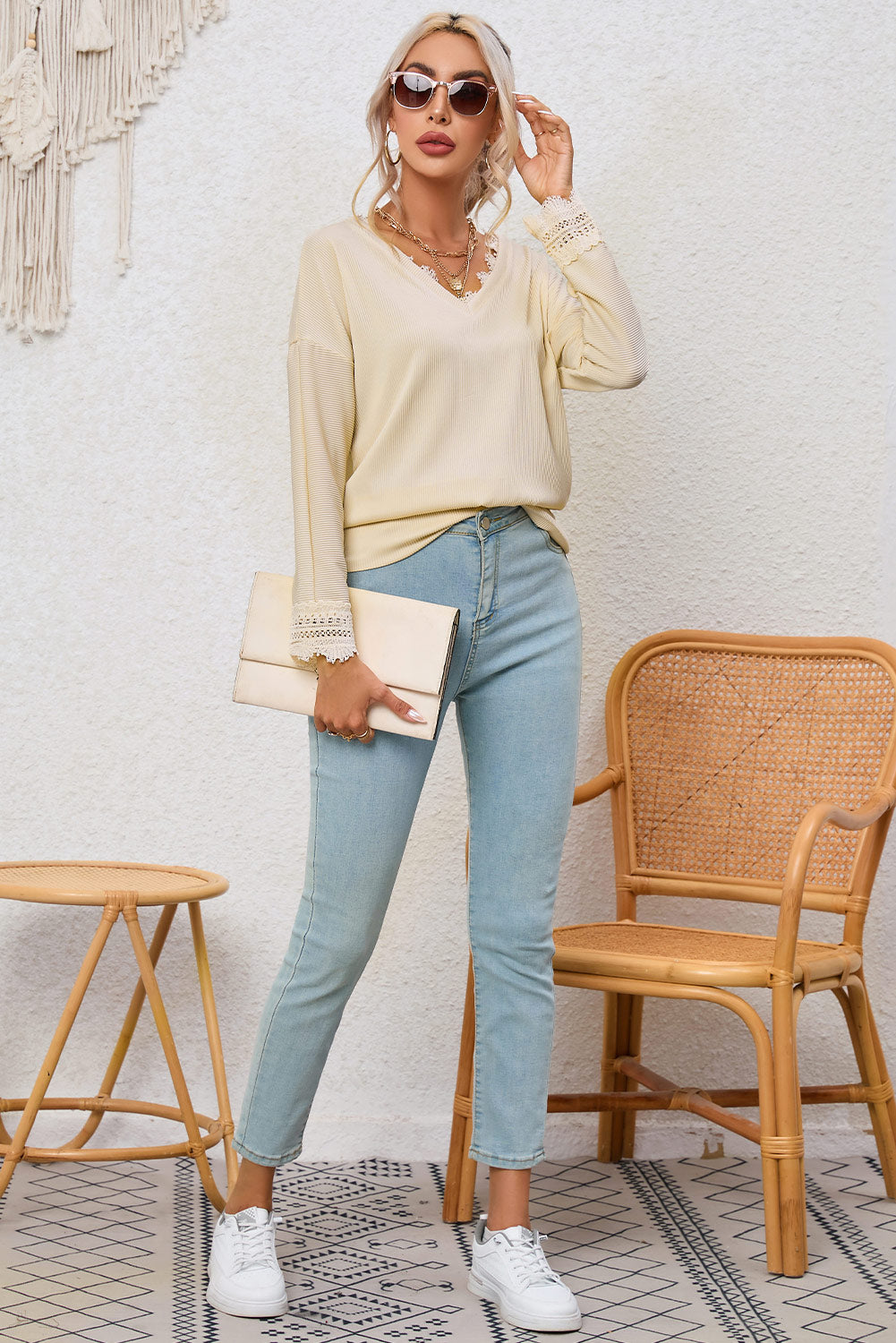 Avery Lace Trim Tee - Apricot
