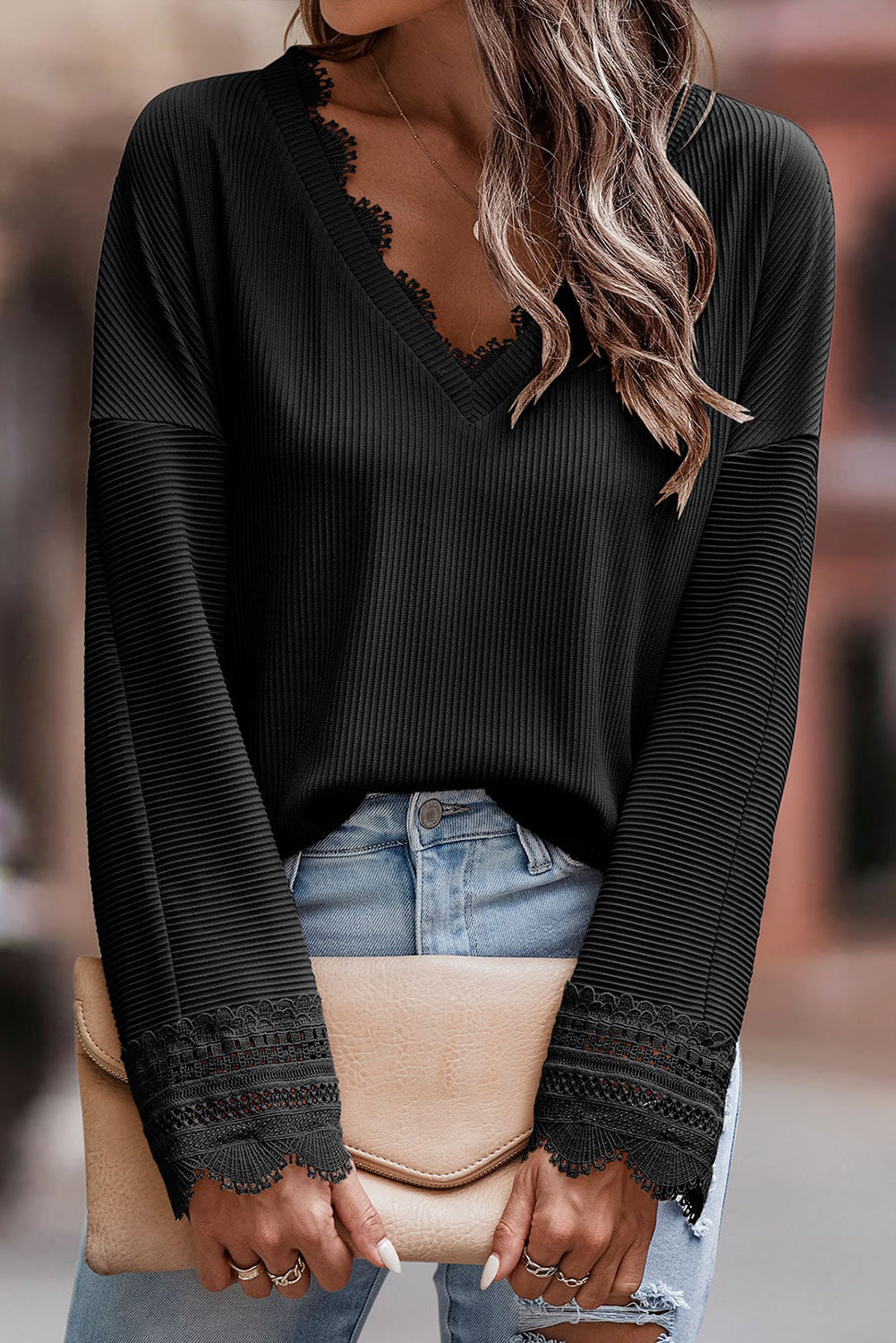 Avery Lace Trim Tee - Black