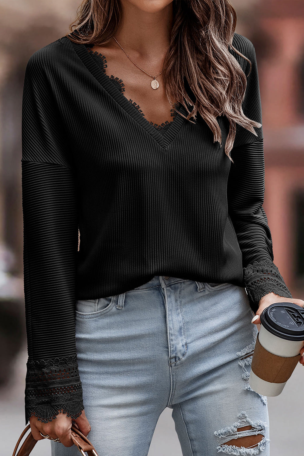 Avery Lace Trim Tee - Black