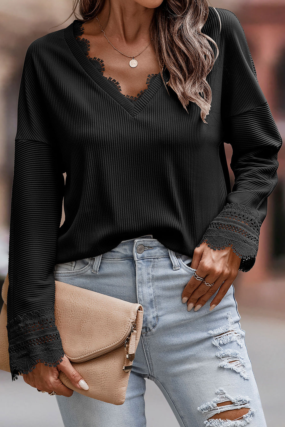 Avery Lace Trim Tee - Black