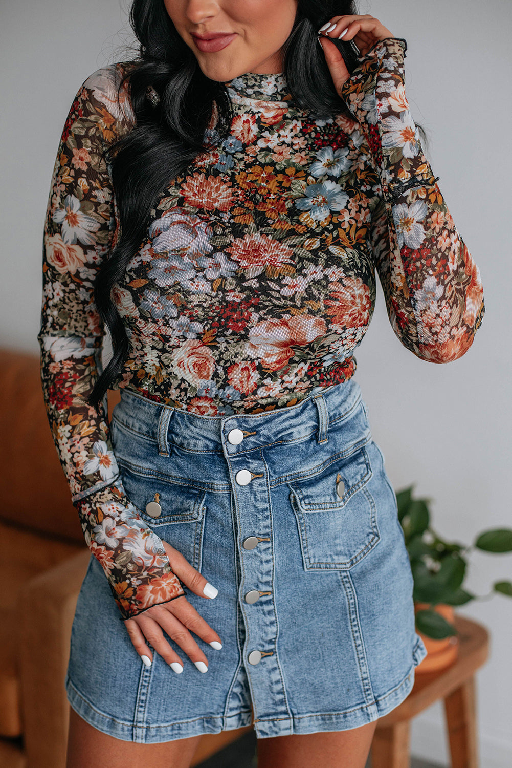 Logan Floral Mesh Mockneck Top