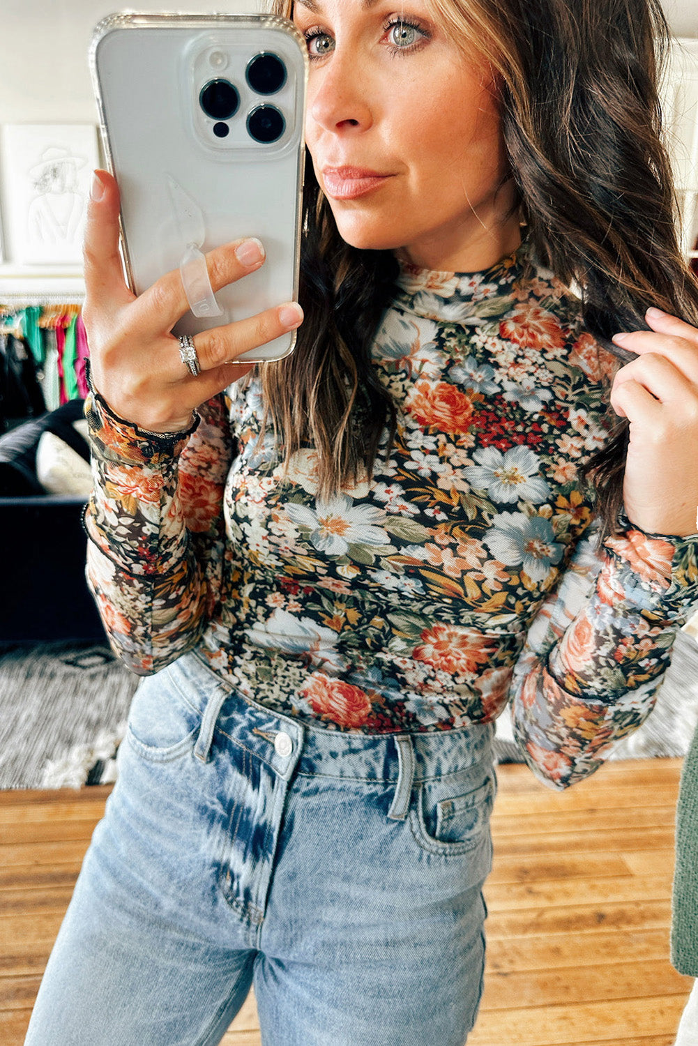 Logan Floral Mesh Mockneck Top