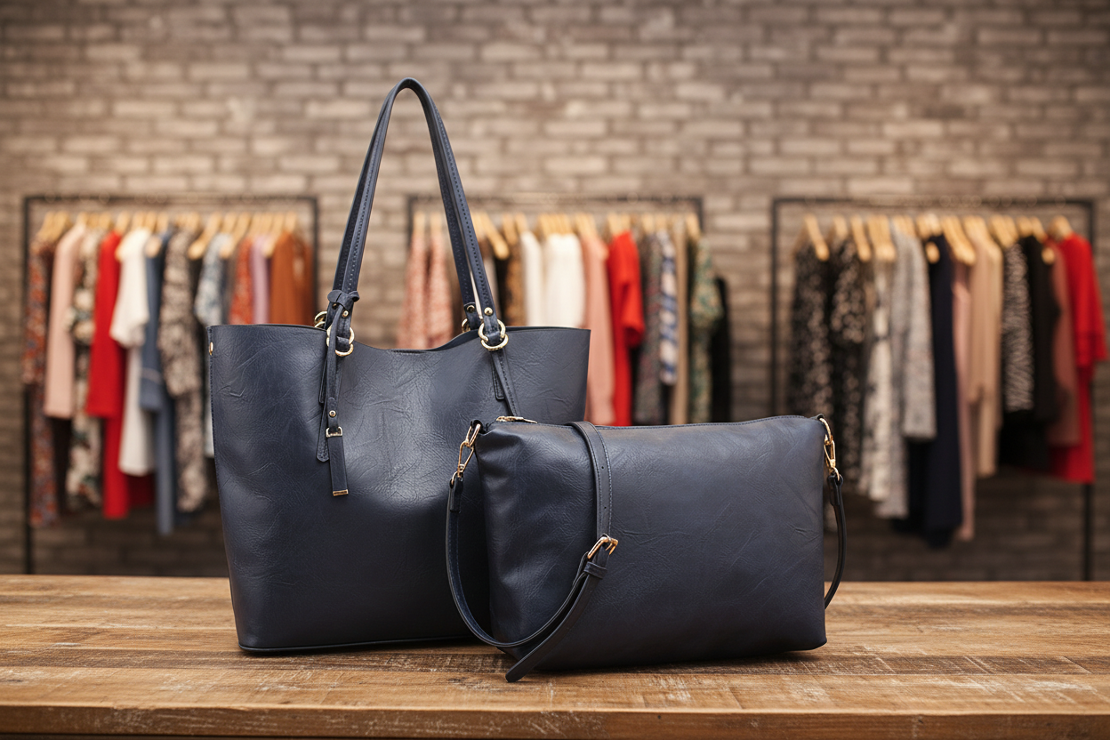 Set of two navy handbags on a white background