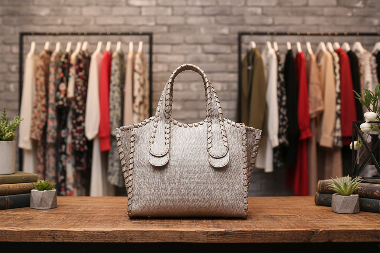Beige handbag with braided handles and strap on a white background