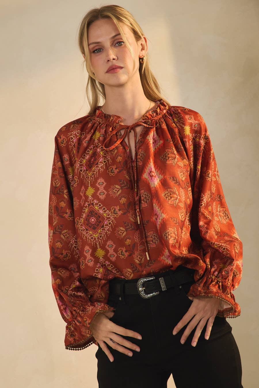 Mari Aztec Print Satin Blouse