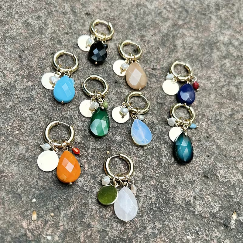 Gemstone Drop Hoop Earrings