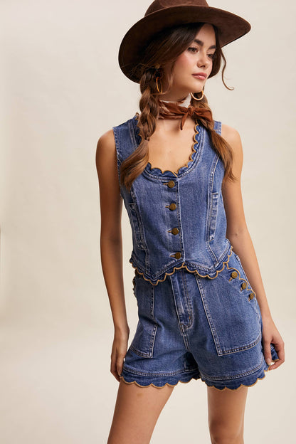 Ella Scallop Trim Stretch Denim Vest