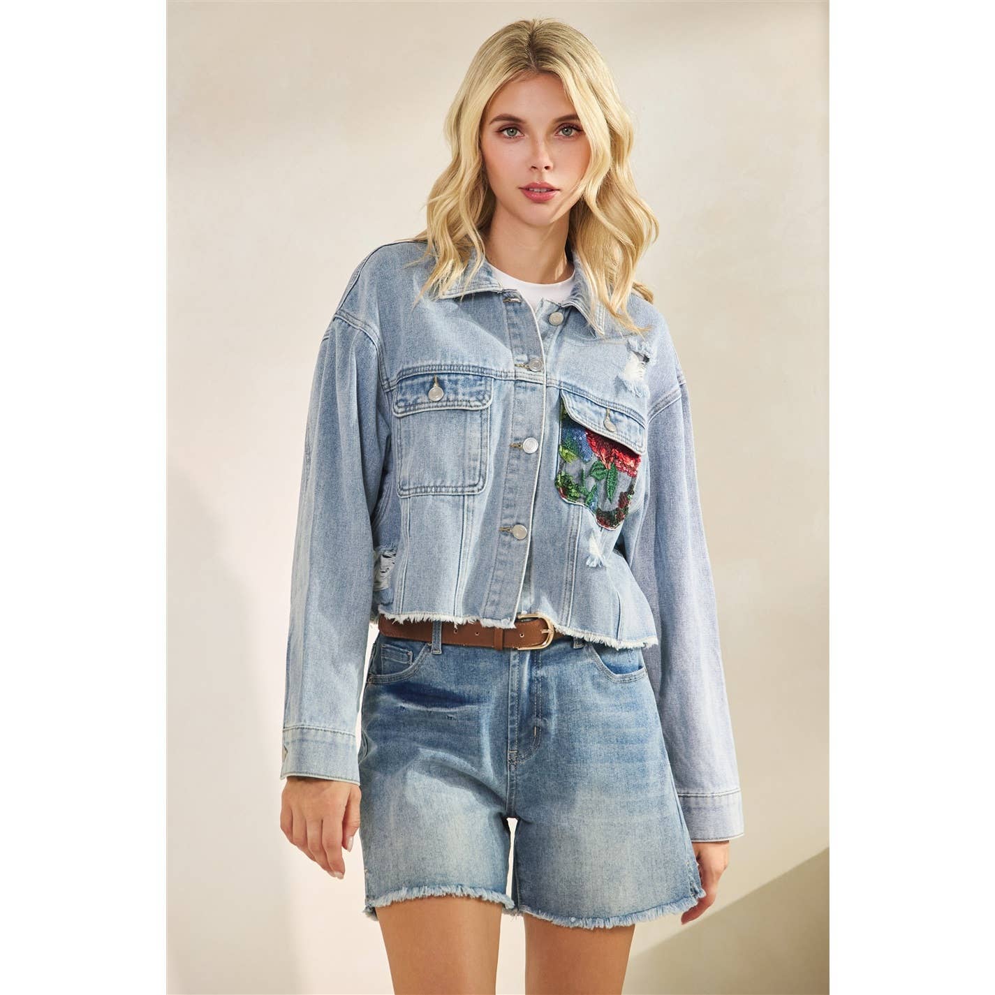 Margot Denim Jacket w/ Floral Lace