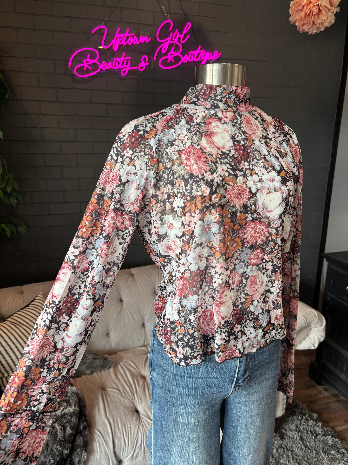 Logan Floral Mesh Mockneck Top