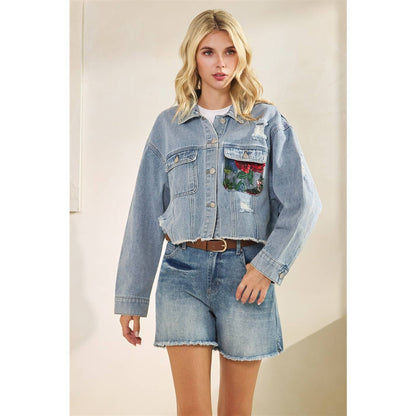 Margot Denim Jacket w/ Floral Lace