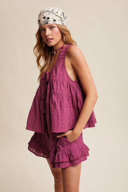 Orchid Embroidered Ruffle Shorts