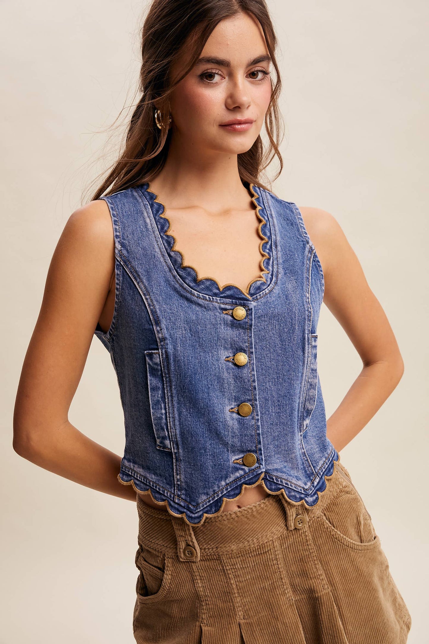 Ella Scallop Trim Stretch Denim Vest