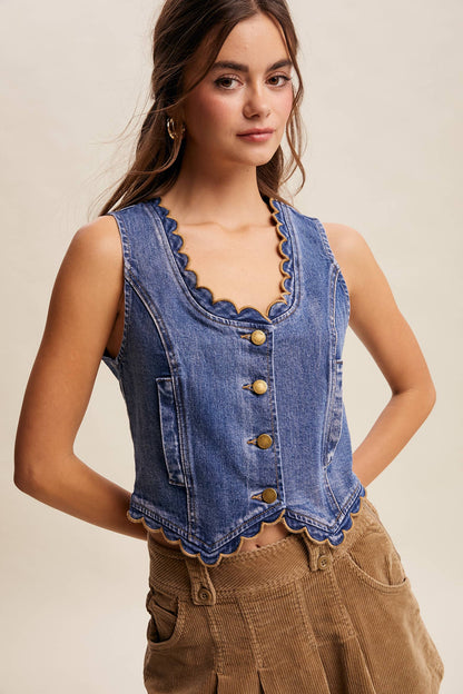 Ella Scallop Trim Stretch Denim Vest