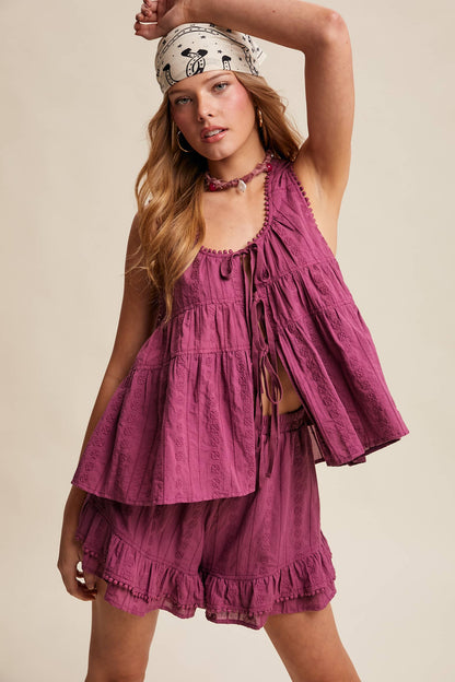 Orchid Embroidered Ruffle Shorts