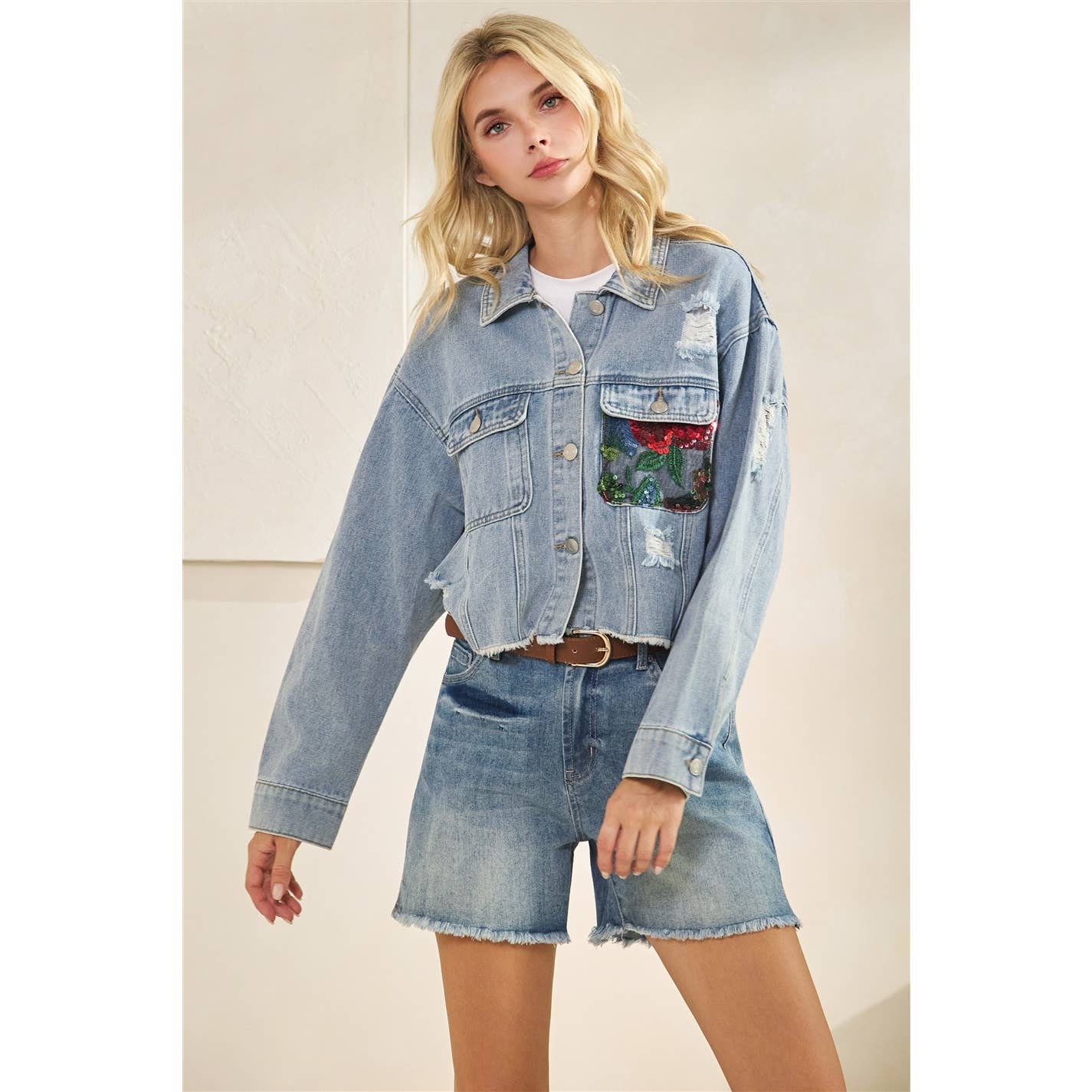 Margot Denim Jacket w/ Floral Lace