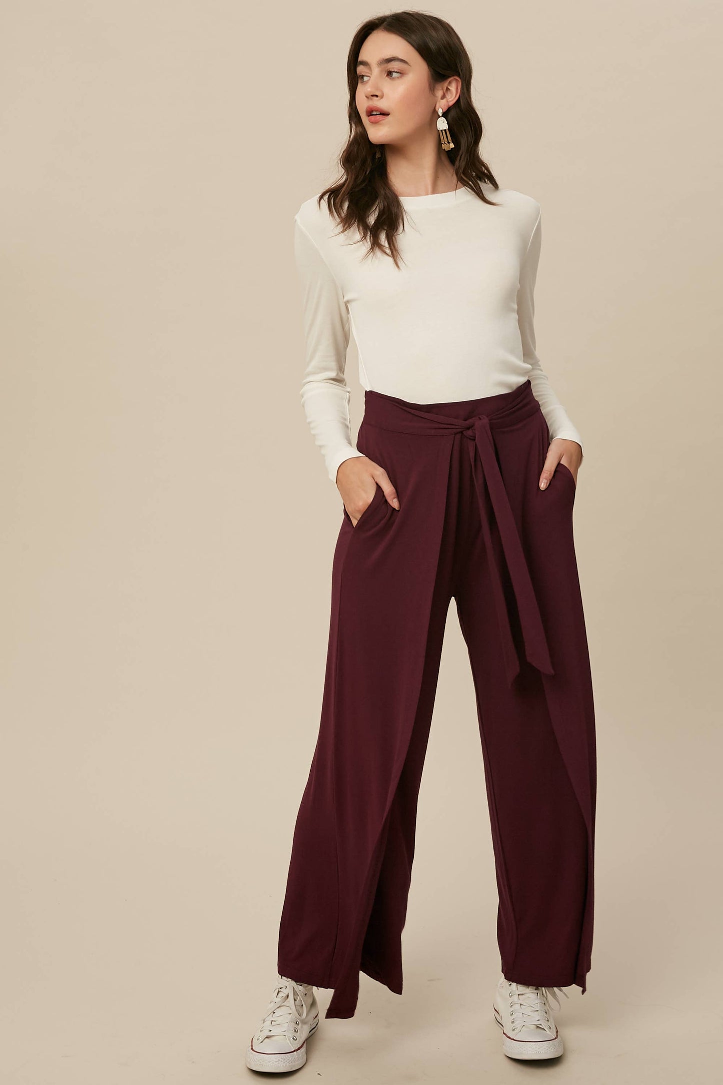Cranberry Wrap Front Wide Leg Pants
