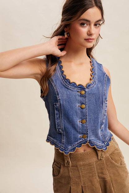 Ella Scallop Trim Stretch Denim Vest