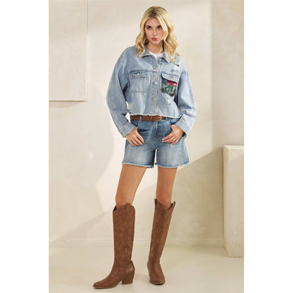 Margot Denim Jacket w/ Floral Lace