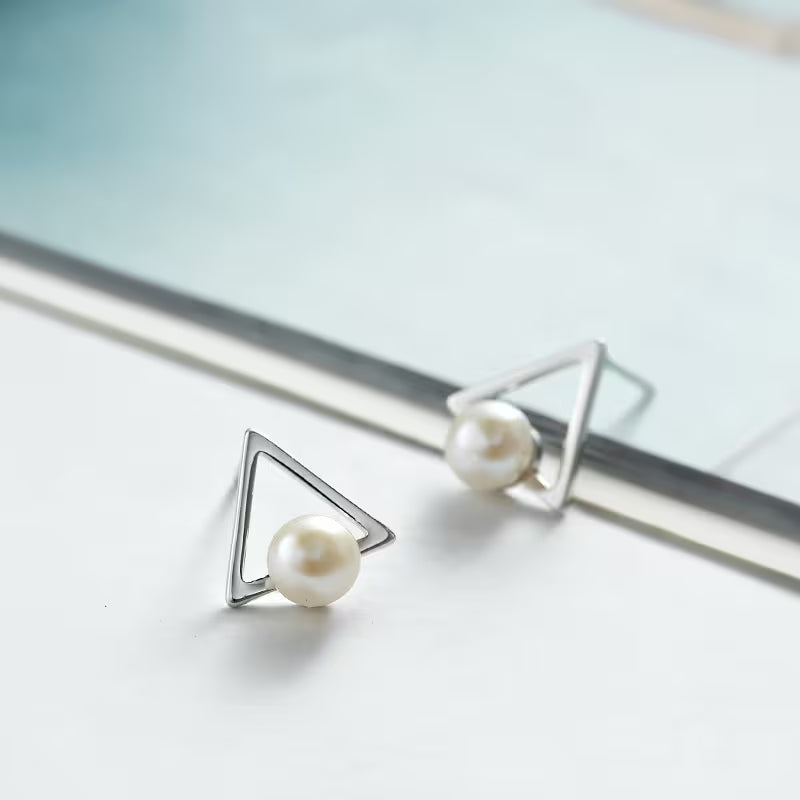 Silver Pearl Triangle Earrings