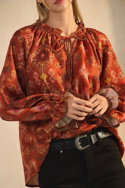 Mari Aztec Print Satin Blouse