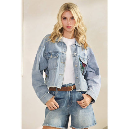 Margot Denim Jacket w/ Floral Lace