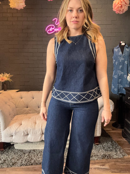 Wren Denim Embroidered Tank
