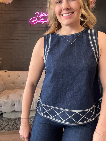 Wren Denim Embroidered Tank
