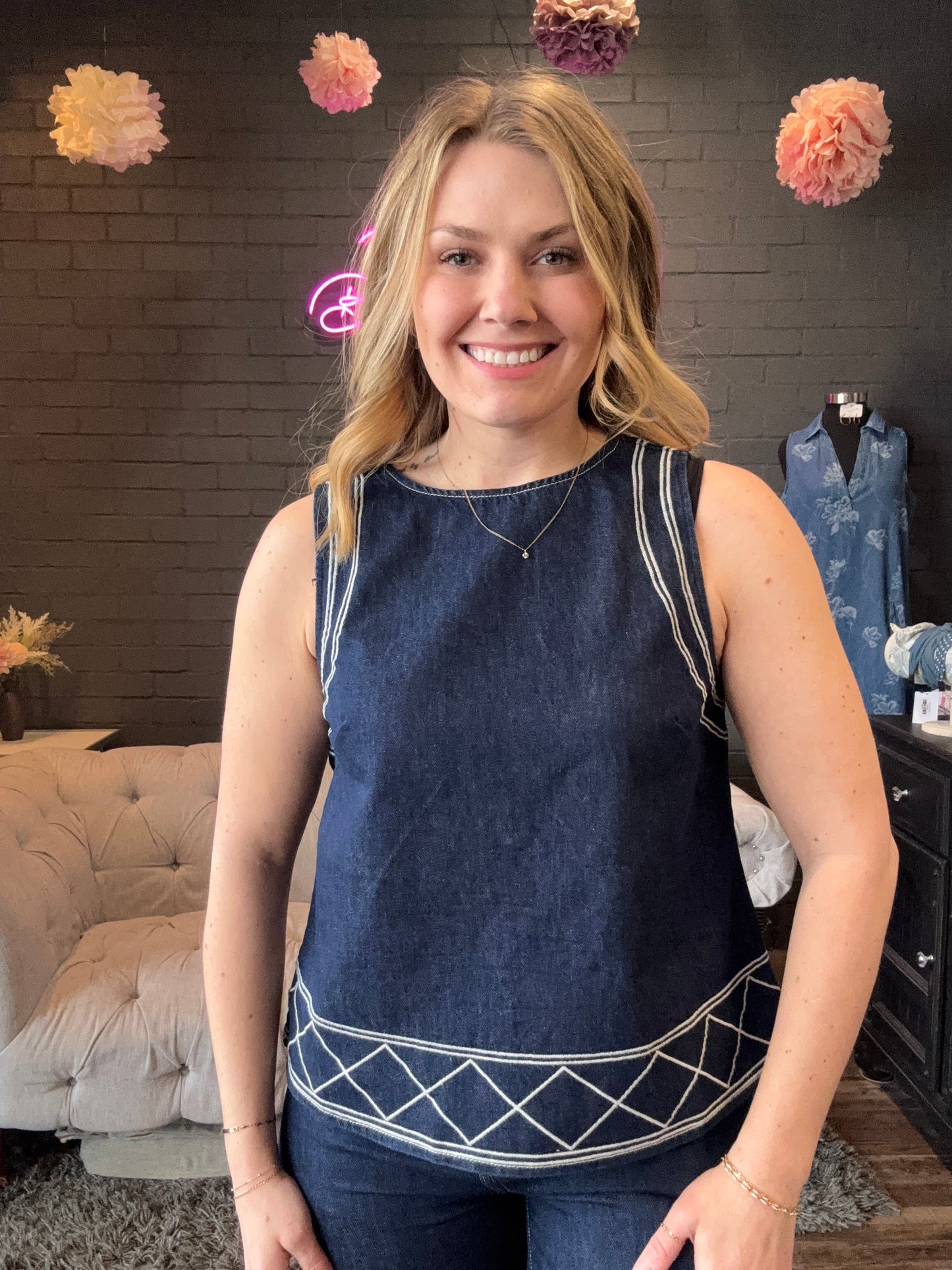 Wren Denim Embroidered Tank
