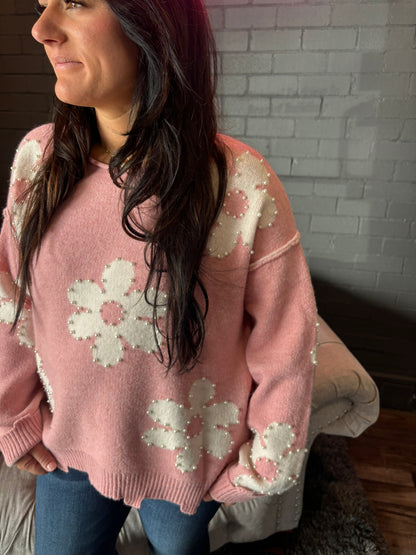 Pearl Beaded Floral Sweater