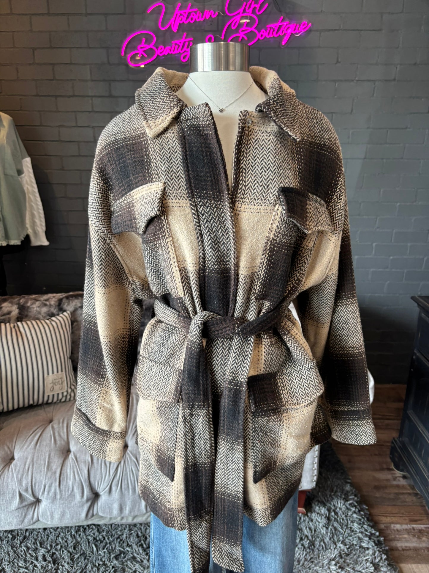 Trinity Belted Plaid Jacket