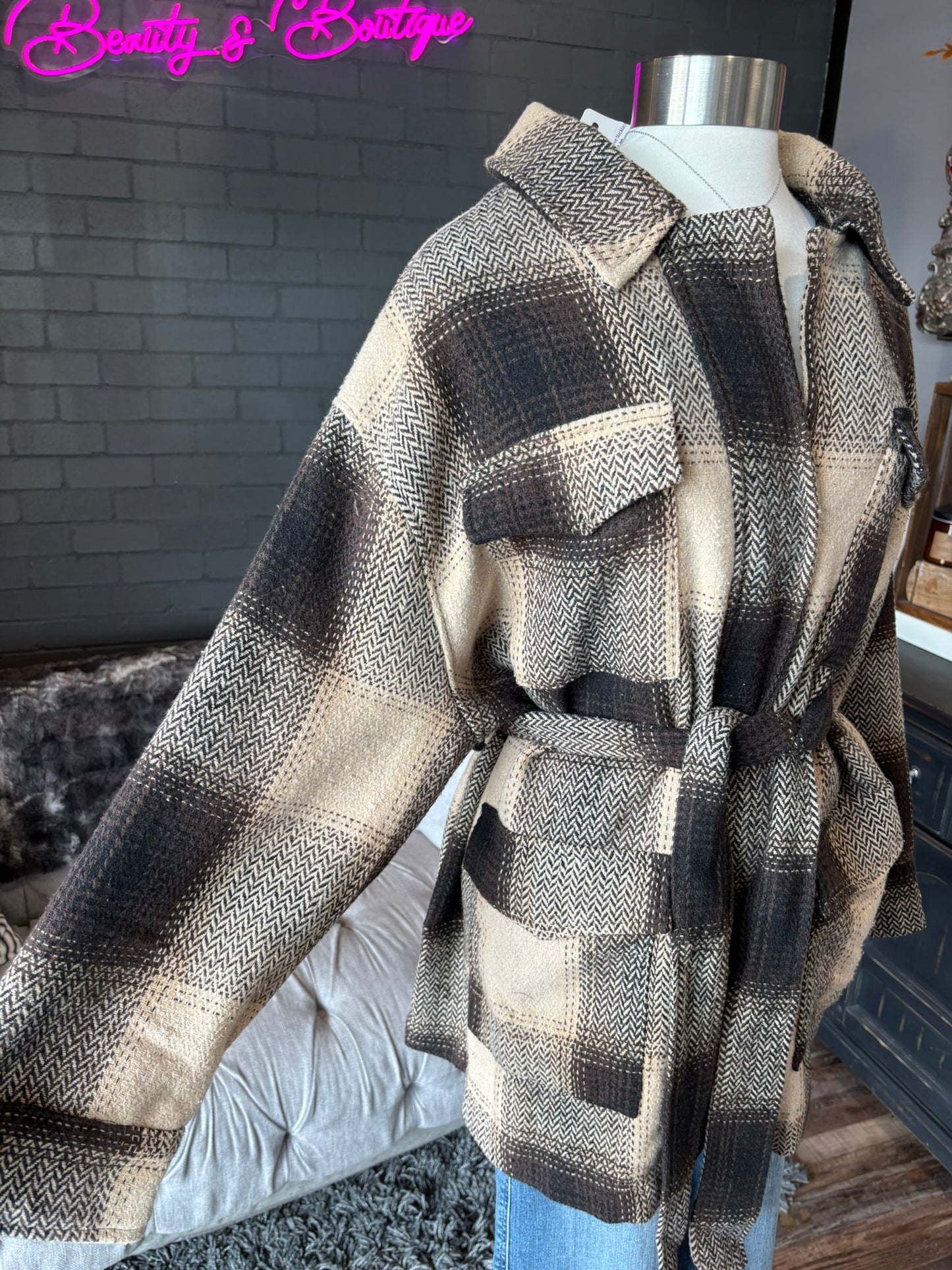 Trinity Belted Plaid Jacket