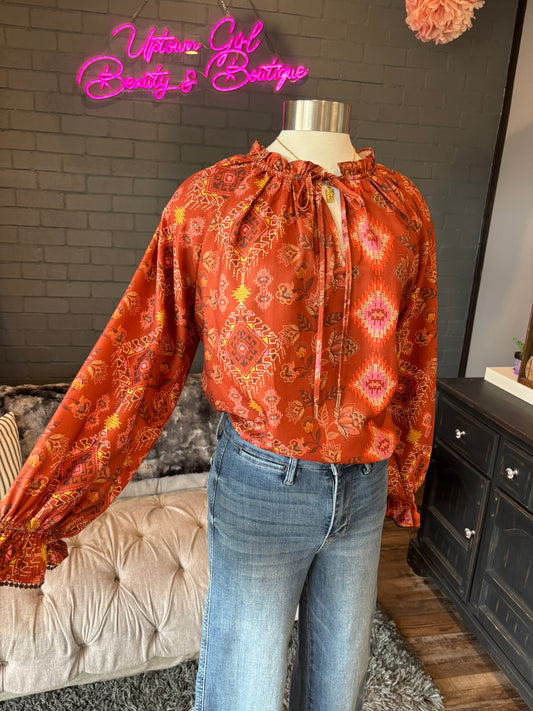 Mari Aztec Print Satin Blouse