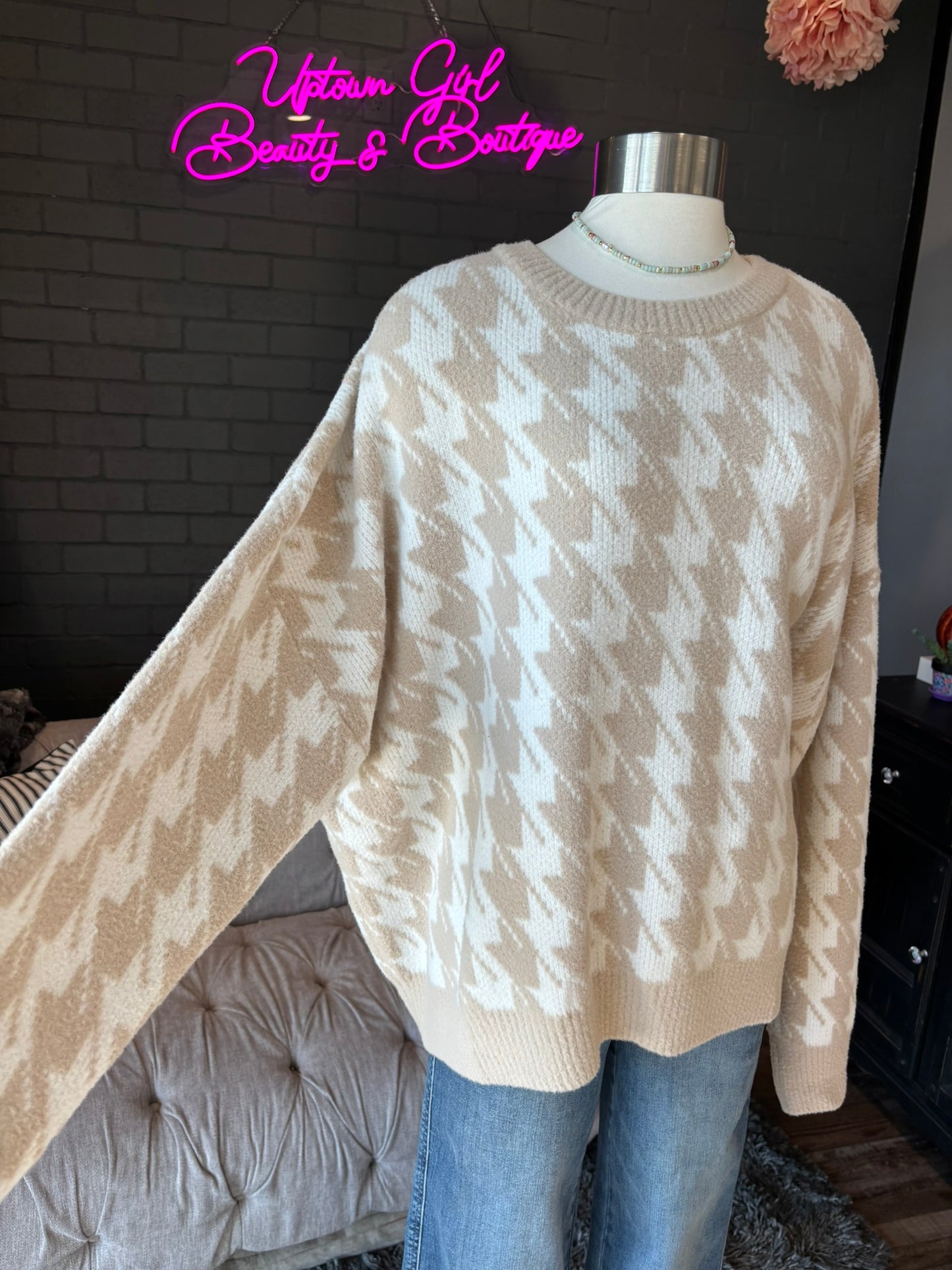 Cream Houndstooth Sweater