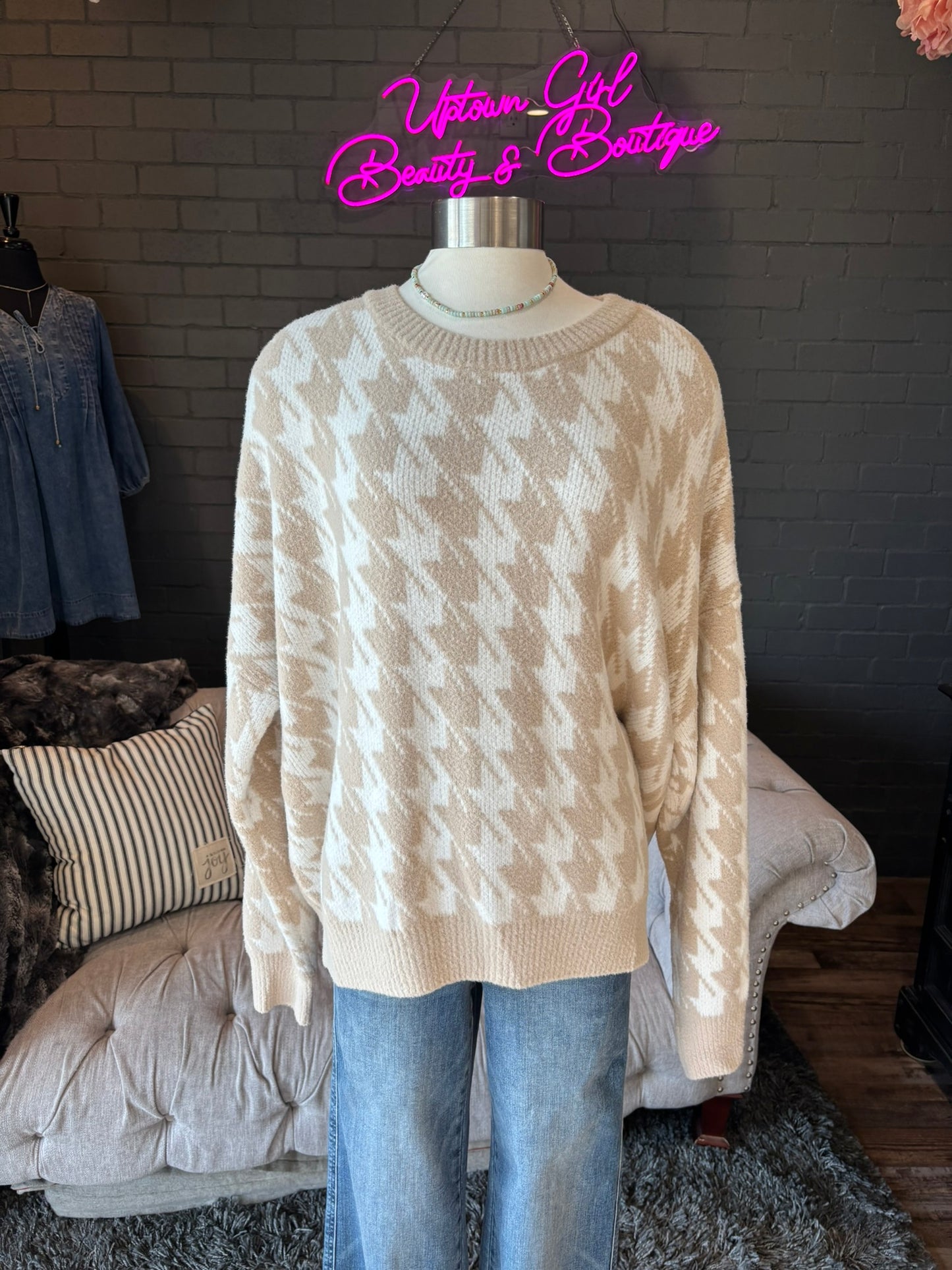 Cream Houndstooth Sweater