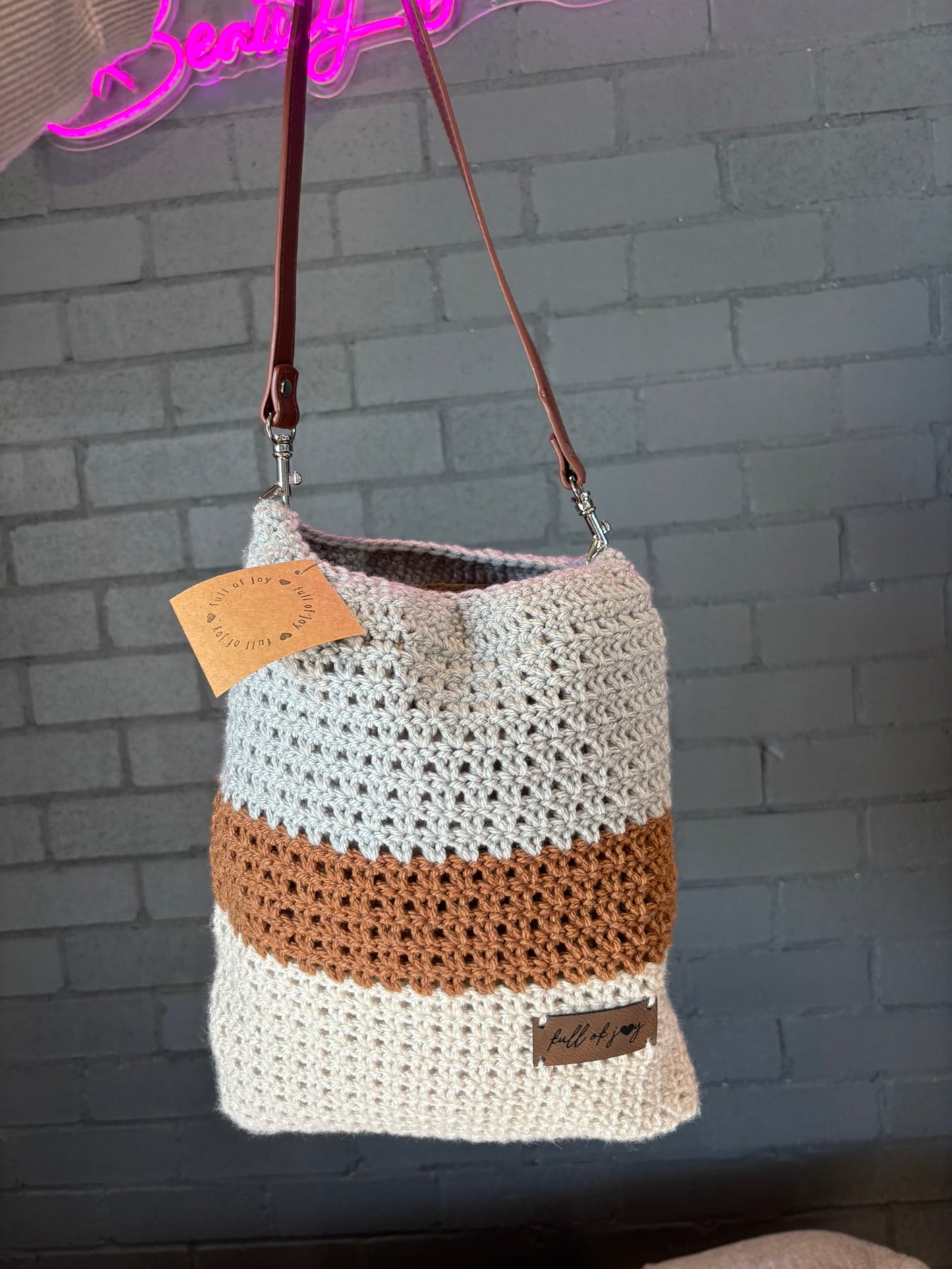 X-Large Gray, Beige, Tan Bag w/ Brown Leather Strap